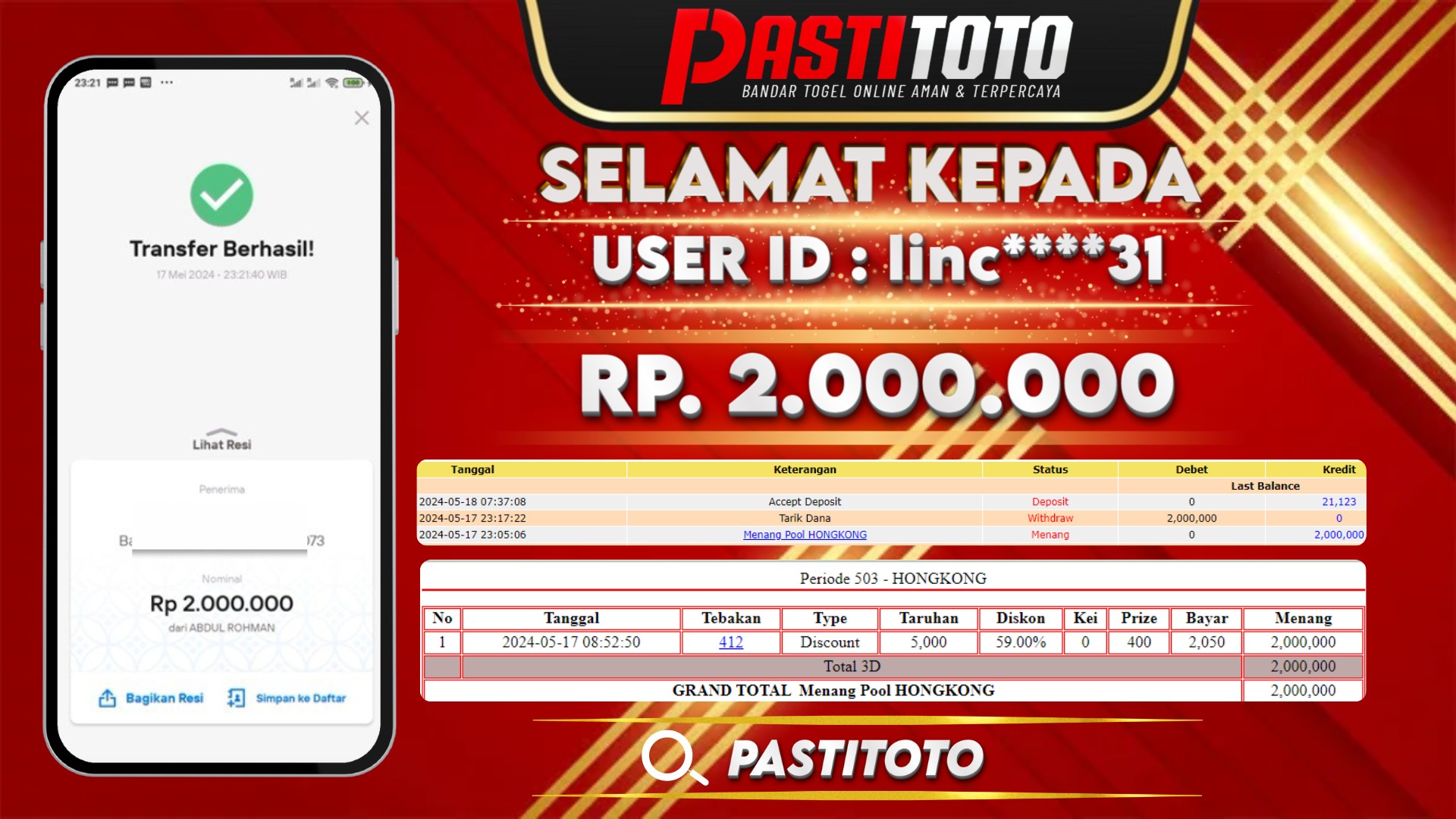 PASTITOTO JACKPOT TOGEL HONGKONG RP. 2.000.000,- LUNAS