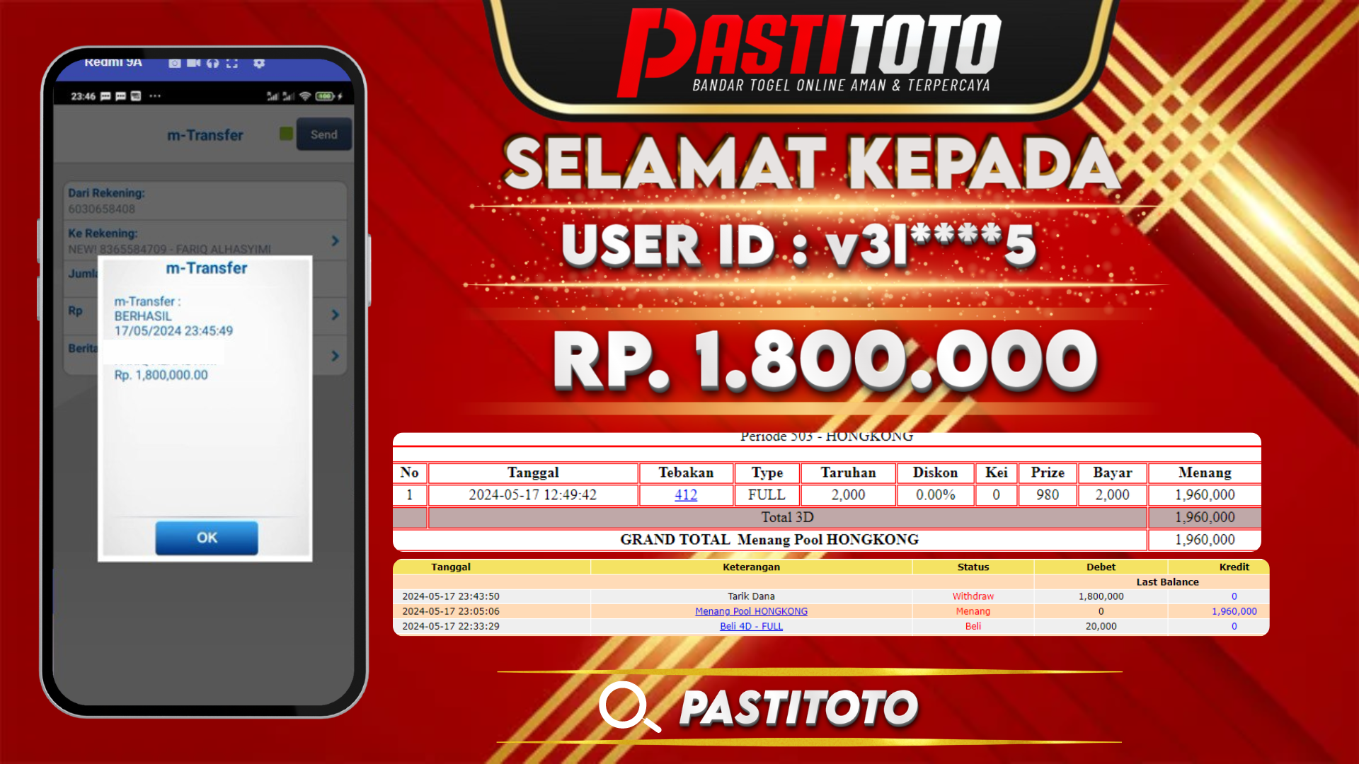 PASTITOTO JACKPOT TOGEL HONGKONG RP. 1.800.000,- LUNAS
