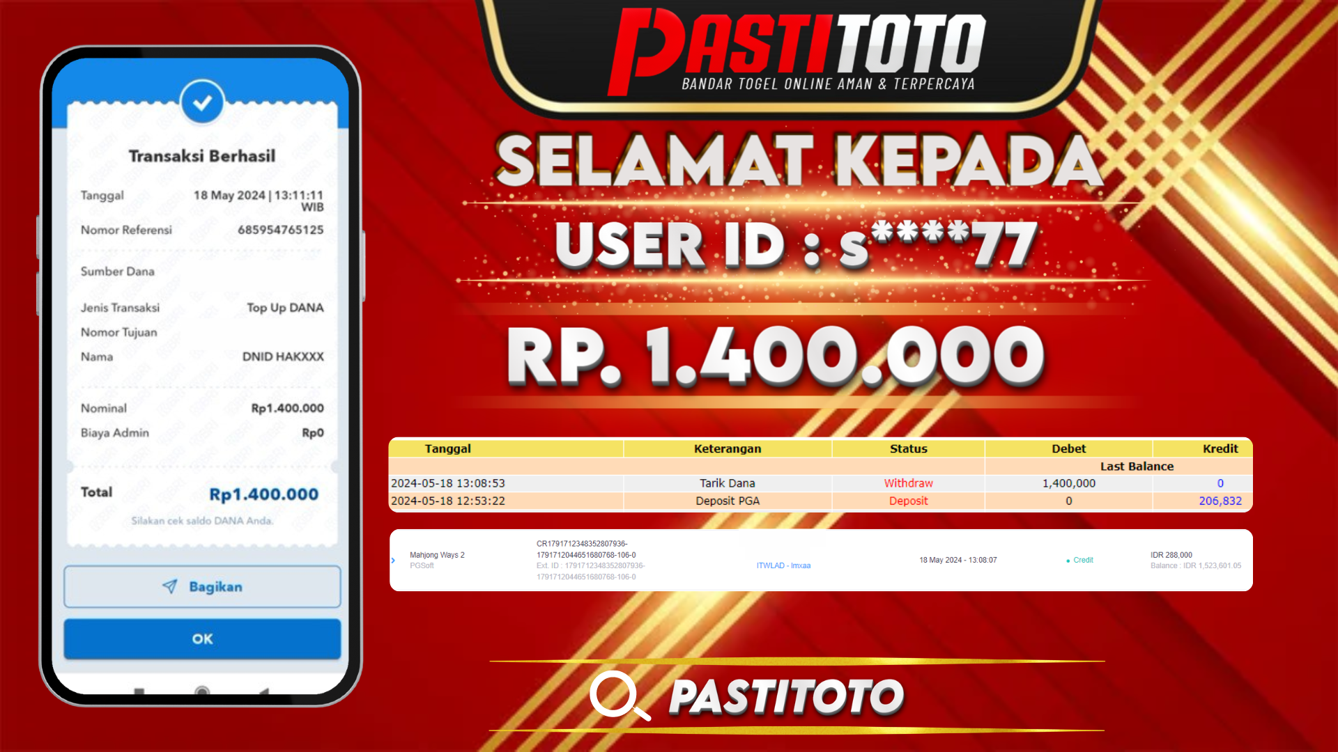 PASTITOTO JACKPOT SLOT GAME RP. 1.400.000,- LUNAS