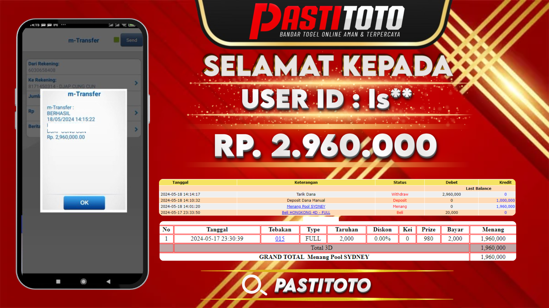 PASTITOTO JACKPOT TOGEL SYDNEY RP. 2.960.000,- LUNAS