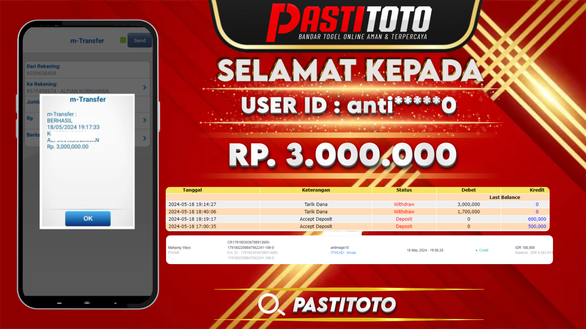 PASTITOTO JACKPOT SLOT GAME RP. 3.000.000,- LUNAS