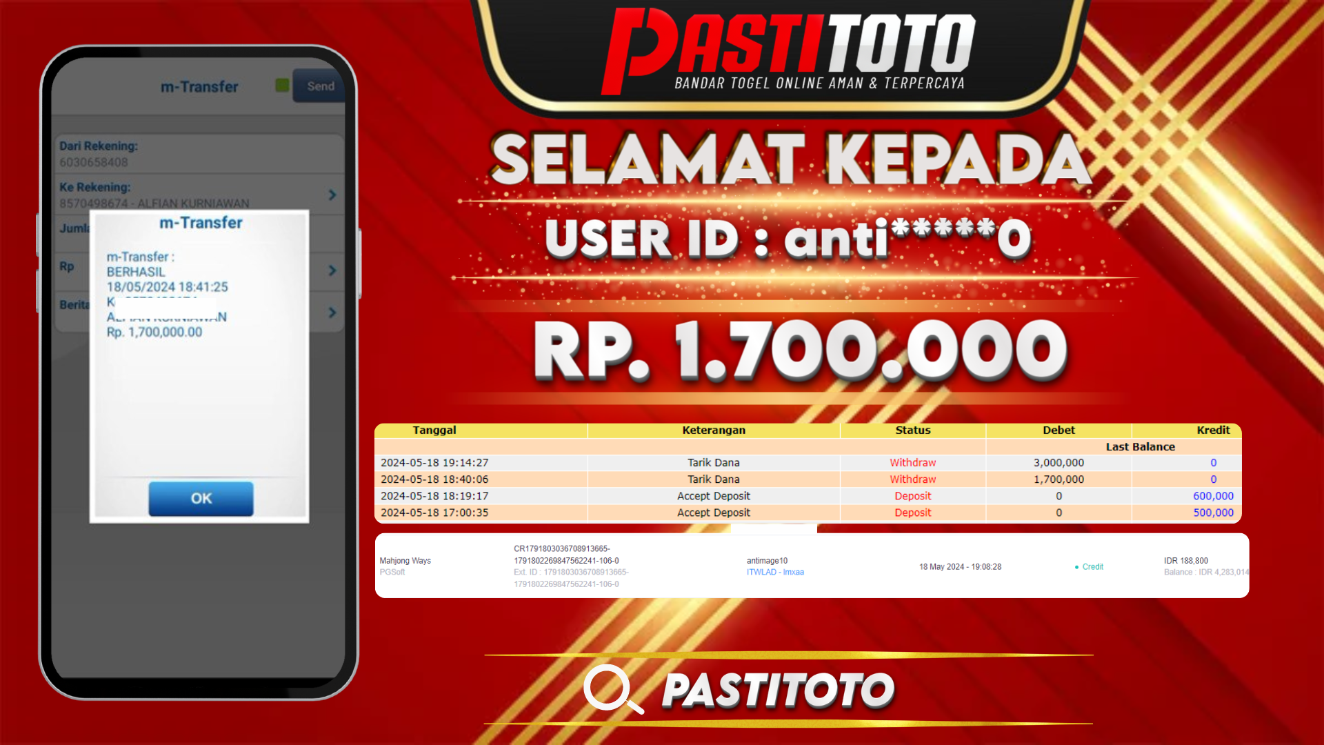 PASTITOTO JACKPOT SLOT GAME RP. 1.700.000,- LUNAS