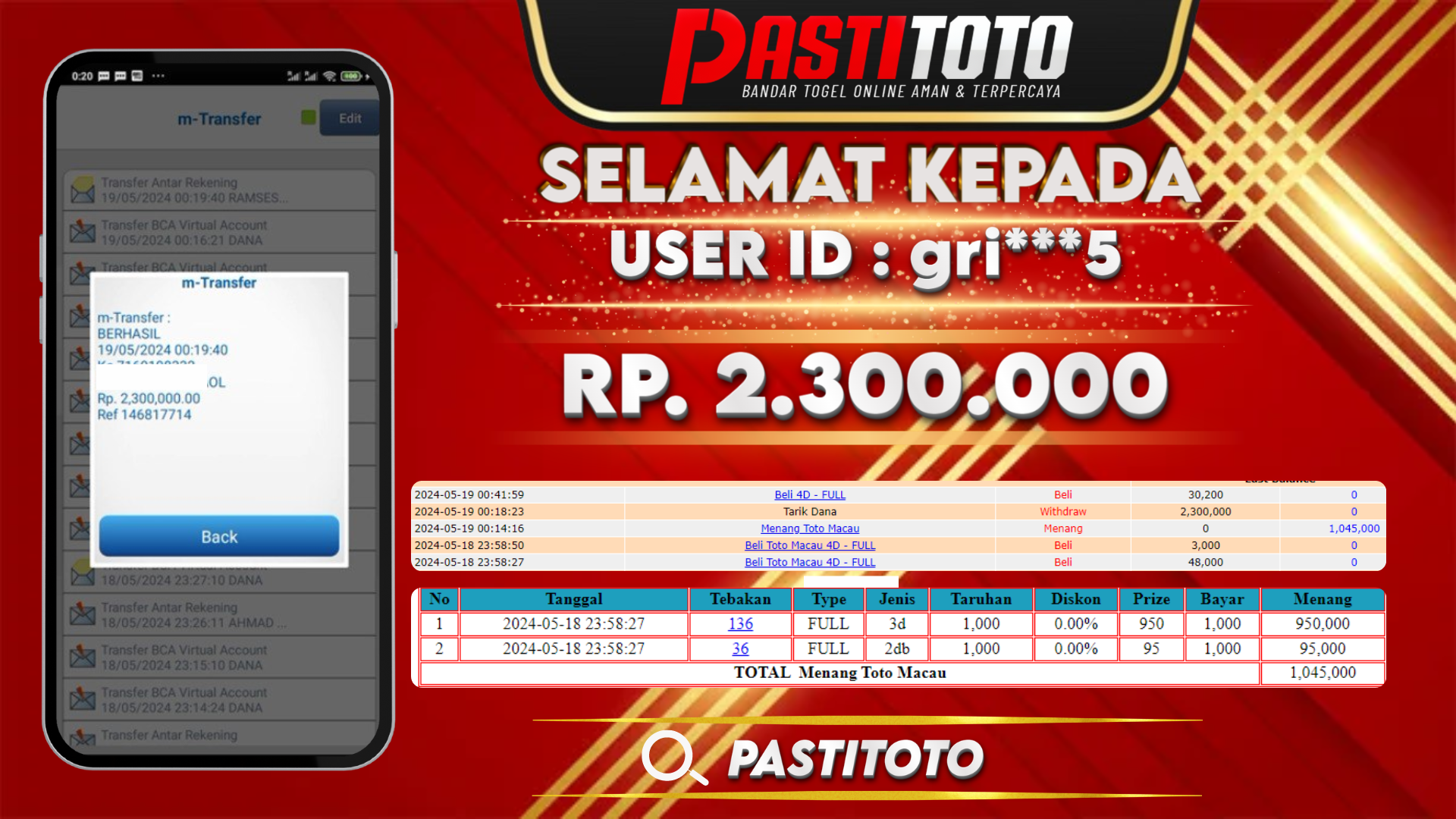 PASTITOTO JACKPOT TOTO MACAU RP. 2.300.000,- LUNAS