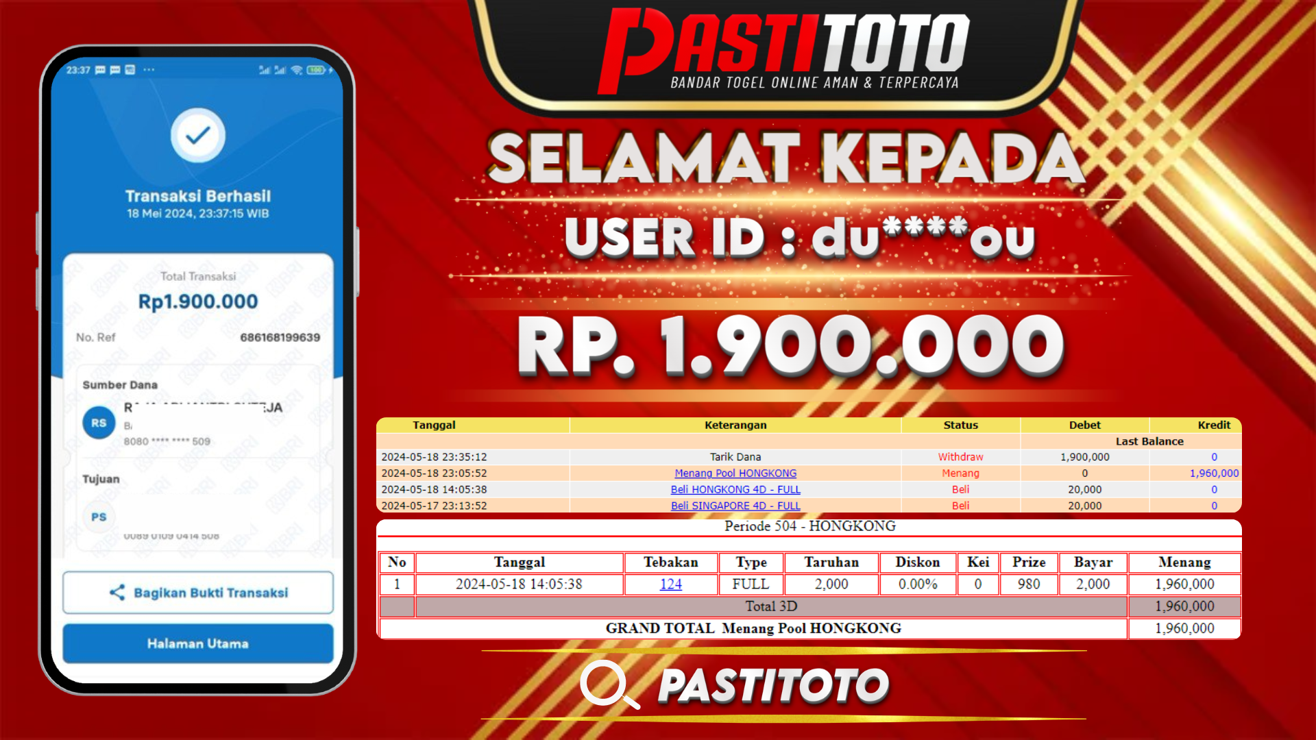 PASTITOTO JACKPOT TOGEL HONGKONG RP. 1.900.000,- LUNAS