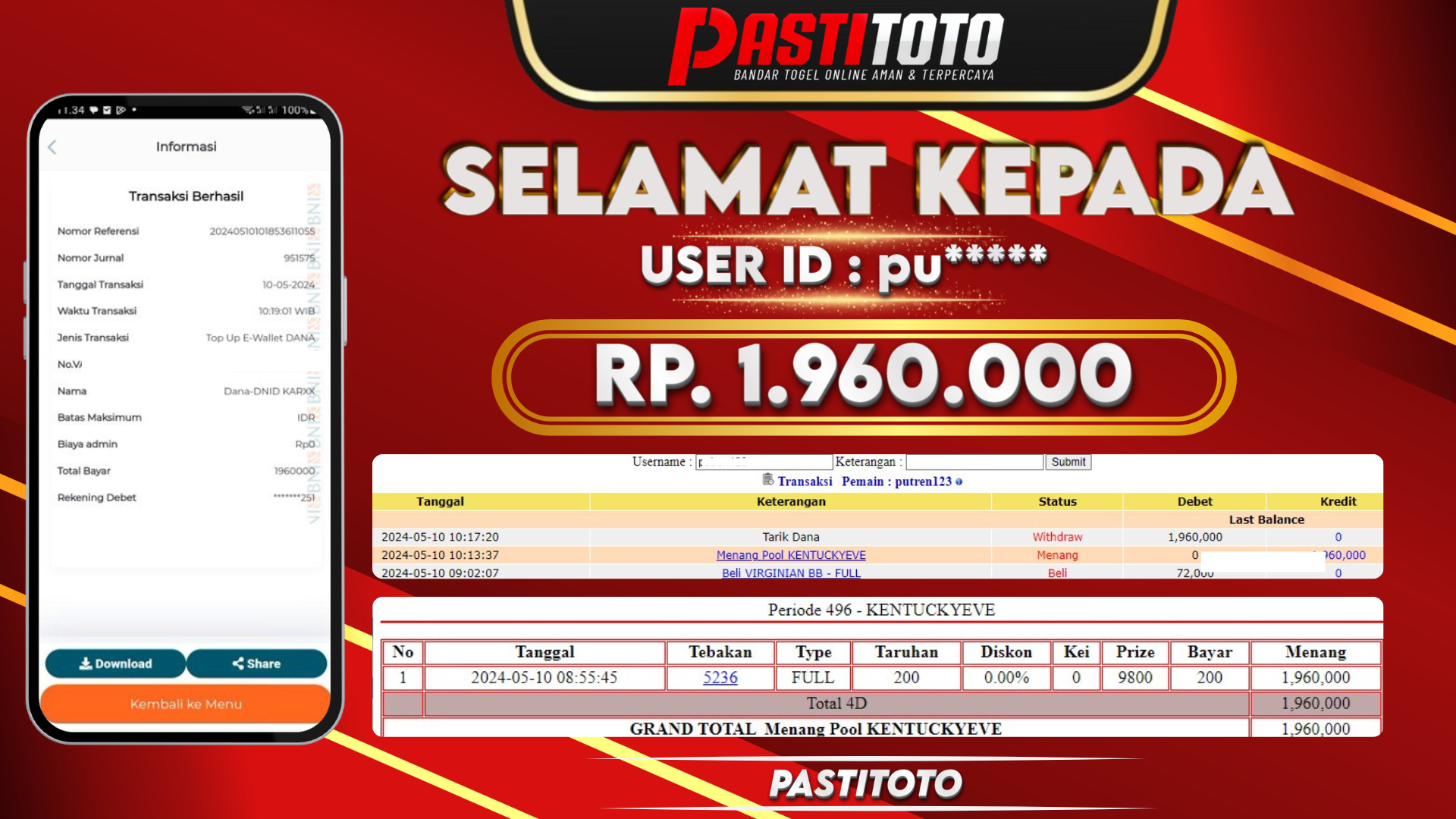 PASTITOTO JACKPOT TOGEL KENTUCKY EVE RP. 1.960.000,- LUNAS