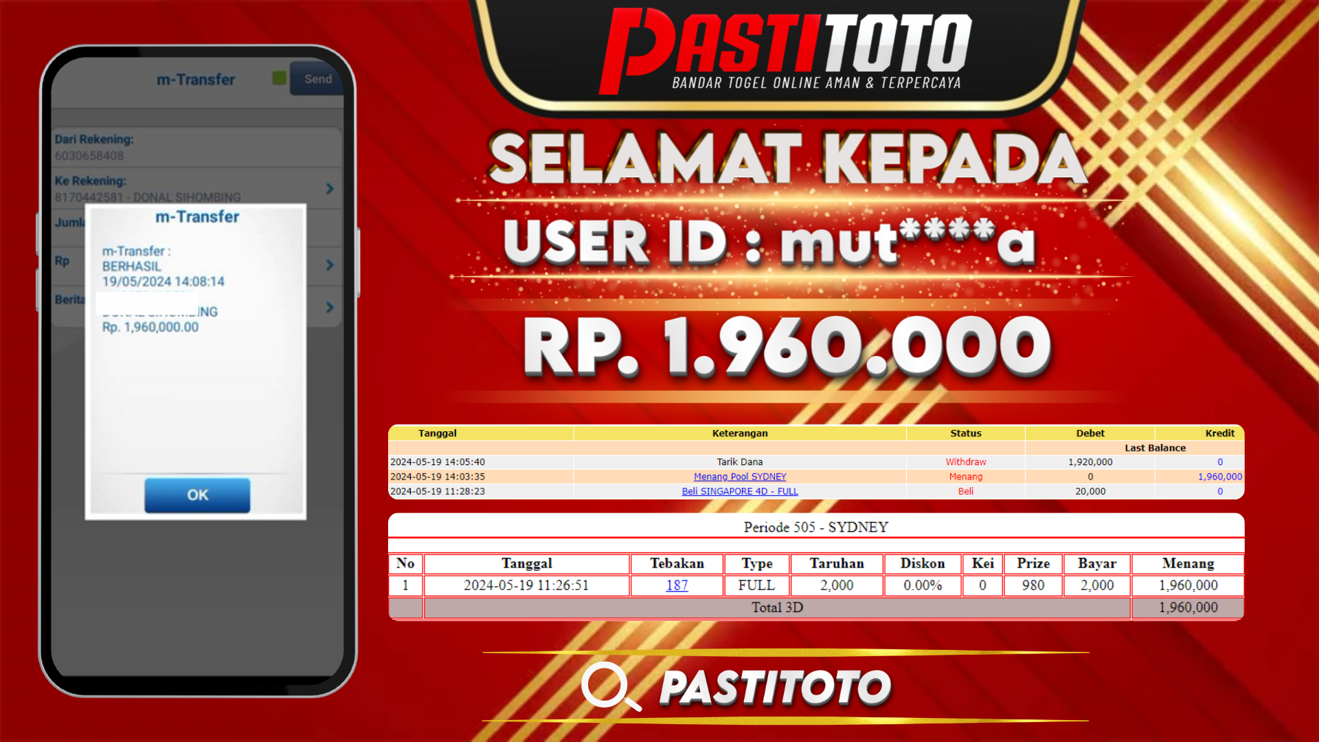 PASTITOTO JACKPOT TOGEL SYDNEY RP. 1.960.000,- LUNAS