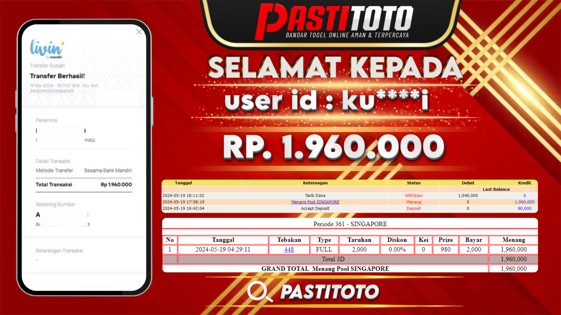 PASTITOTO JACKPOT TOGEL SINGAPORE RP. 1.960.000,- LUNAS