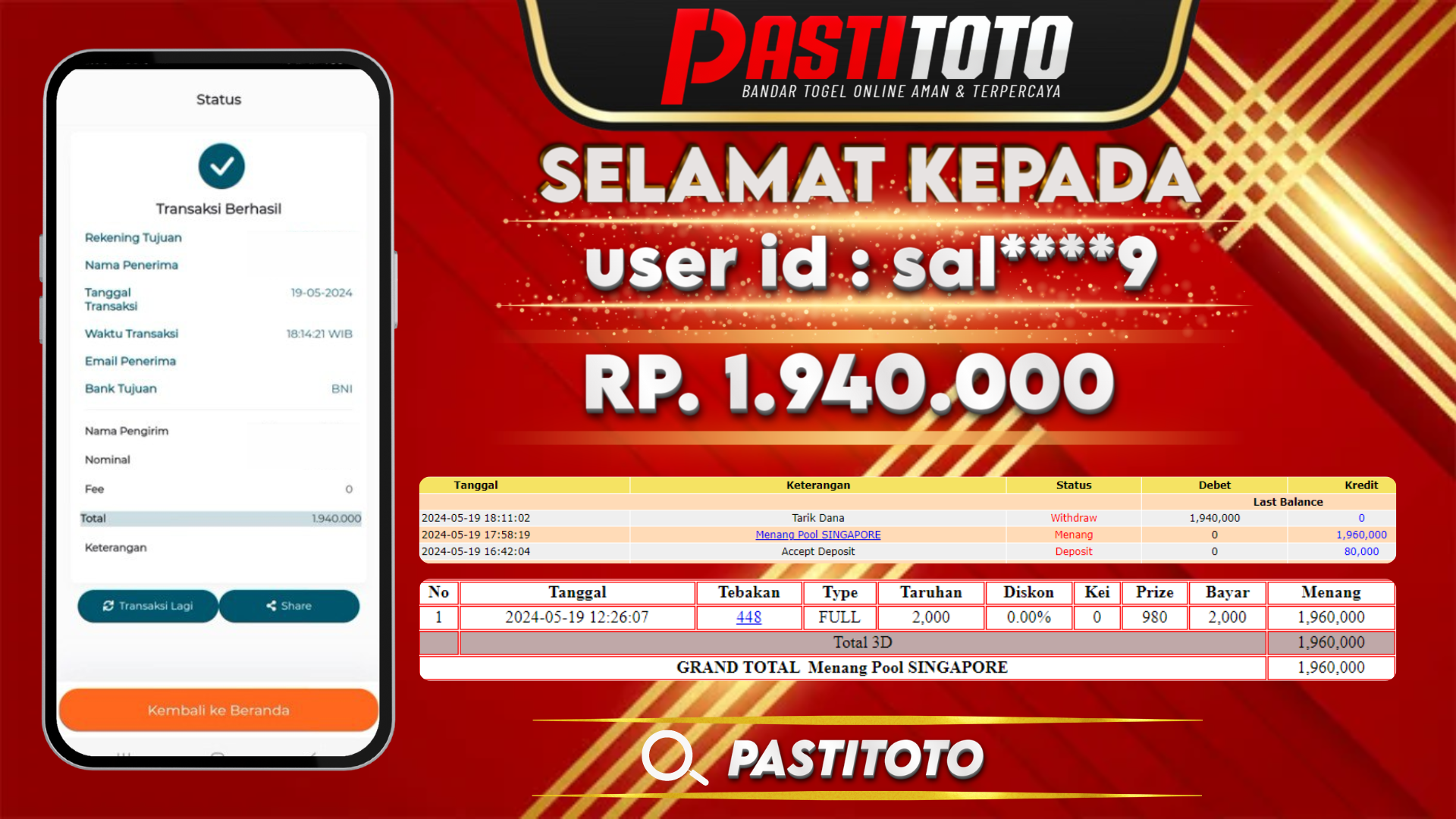 PASTITOTO JACKPOT TOGEL SINGAPORE RP. 1.940.000,- LUNAS