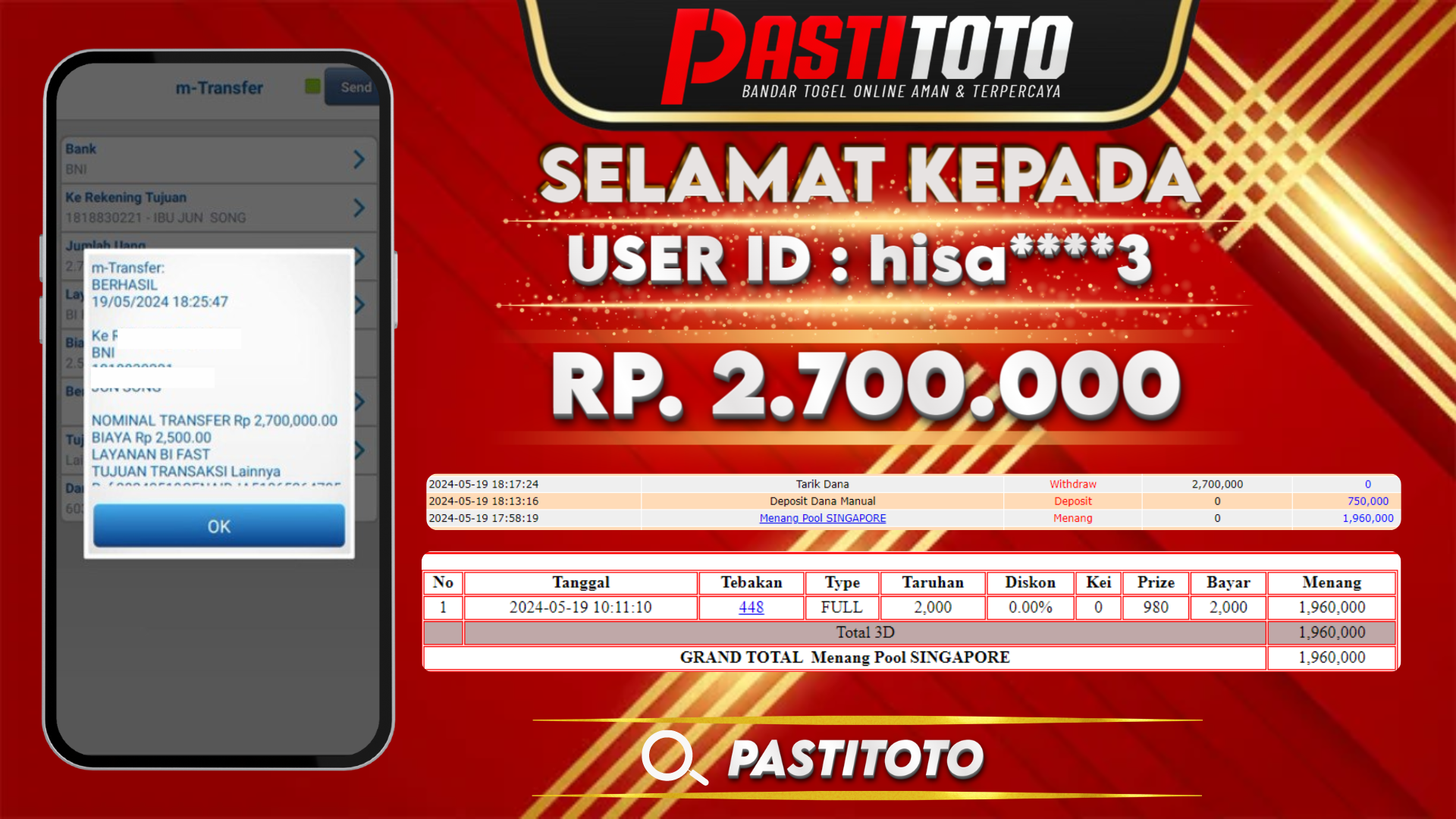 PASTITOTO JACKPOT TOGEL SINGAPORE RP. 2.700.000,- LUNAS