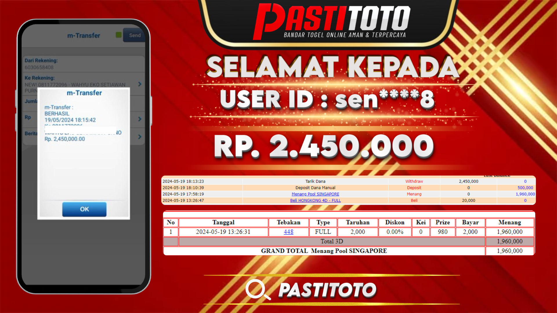 PASTITOTO JACKPOT TOGEL SINGAPORE + HADIAH LOMBA RP. 2.450.000,- LUNAS