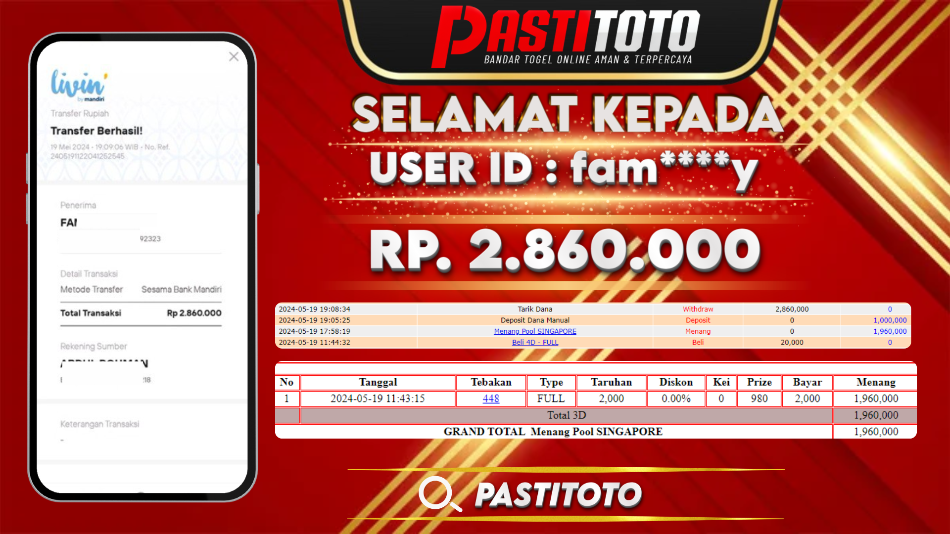 PASTITOTO JACKPOT TOGEL SINGAPORE + HADIAH LOMBA RP. 2.860.000,- LUNAS