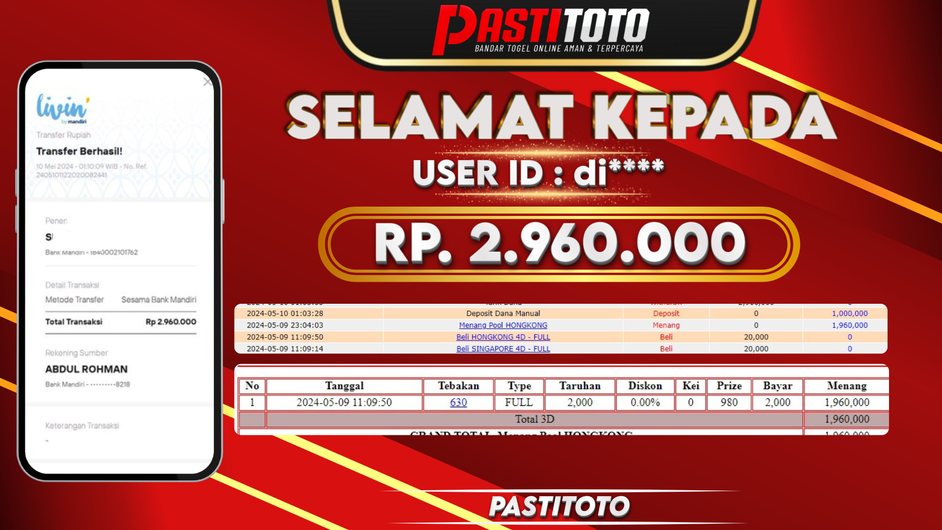 PASTITOTO JACKPOT TOGEL HONGKONG + HADIAH LOMBA TOGEL  RP. 2.960.000,- LUNAS