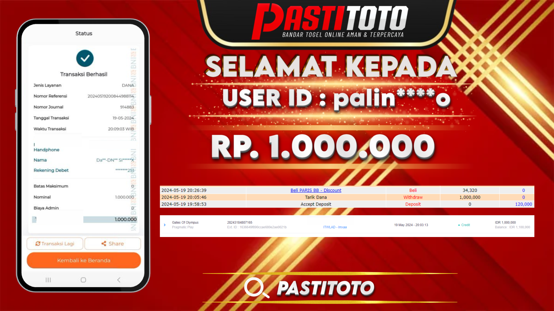 PASTITOTO JACKPOT SLOT GAME RP. 1.000.000,- LUNAS