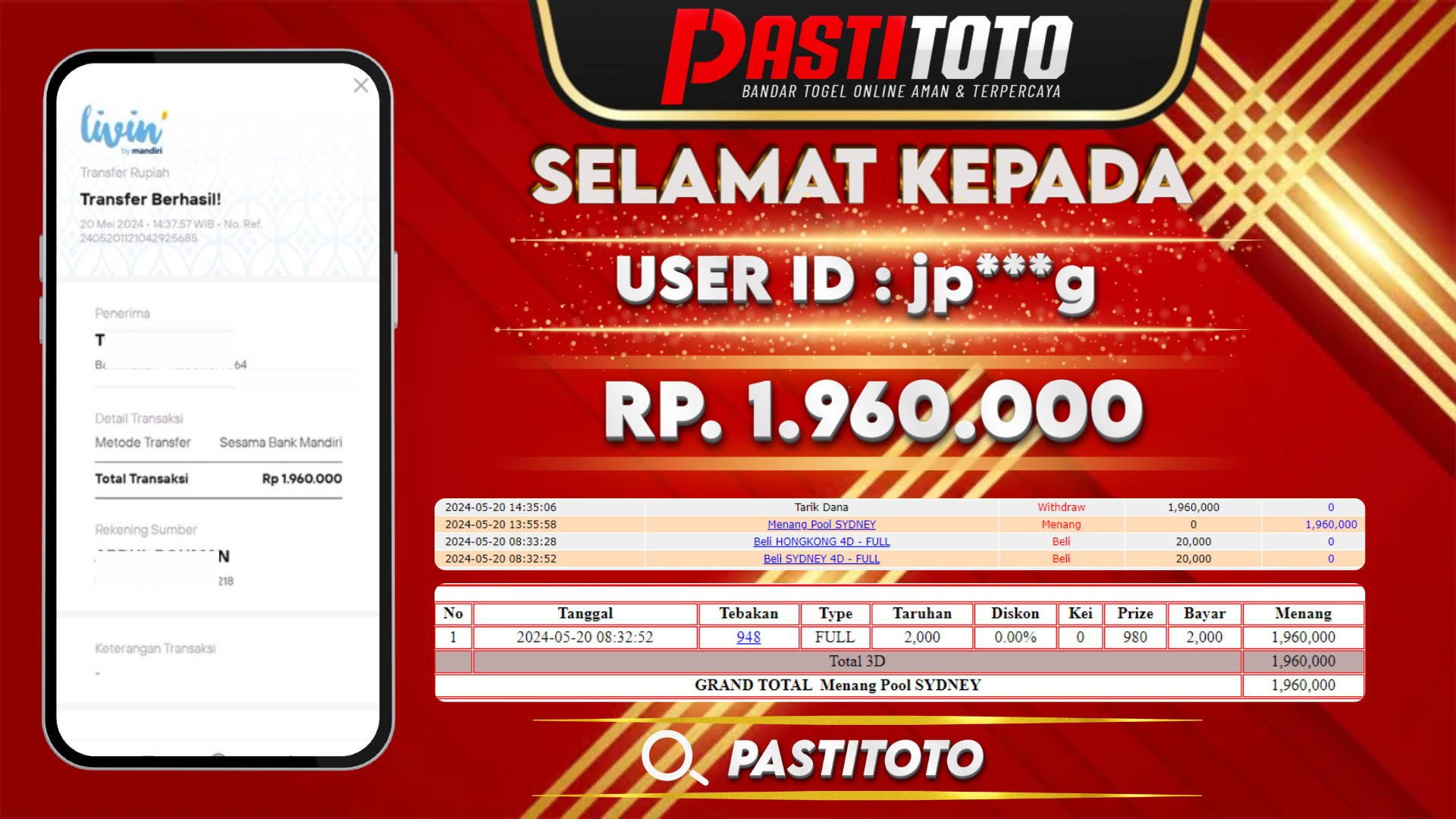 PASTITOTO JACKPOT TOGEL SYDNEY RP. 1.960.000,- LUNAS