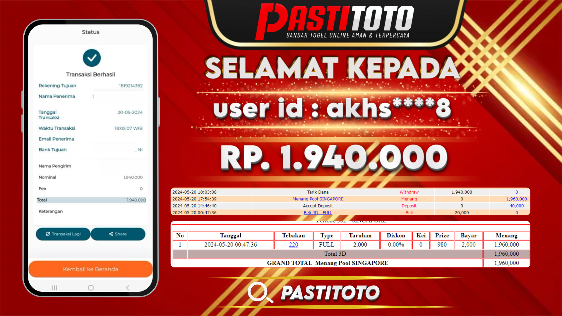 PASTITOTO JACKPOT TOGEL SINGAPORE RP. 1.940.000,- LUNAS