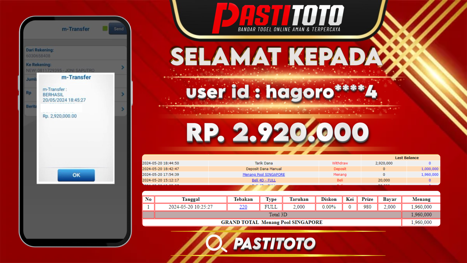 PASTITOTO JACKPOT TOGEL SINGAPORE + HADIAH LOMBA RP. 2.920.000,- LUNAS
