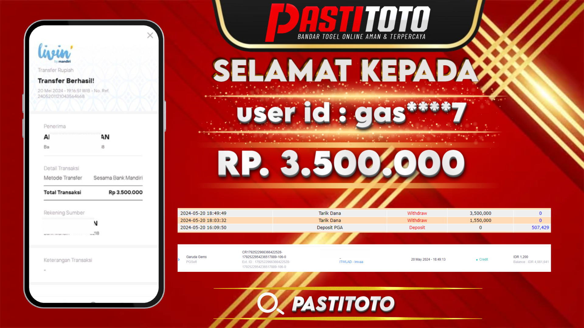 PASTITOTO JACKPOT SLOT GAME RP. 3.500.000,- LUNAS