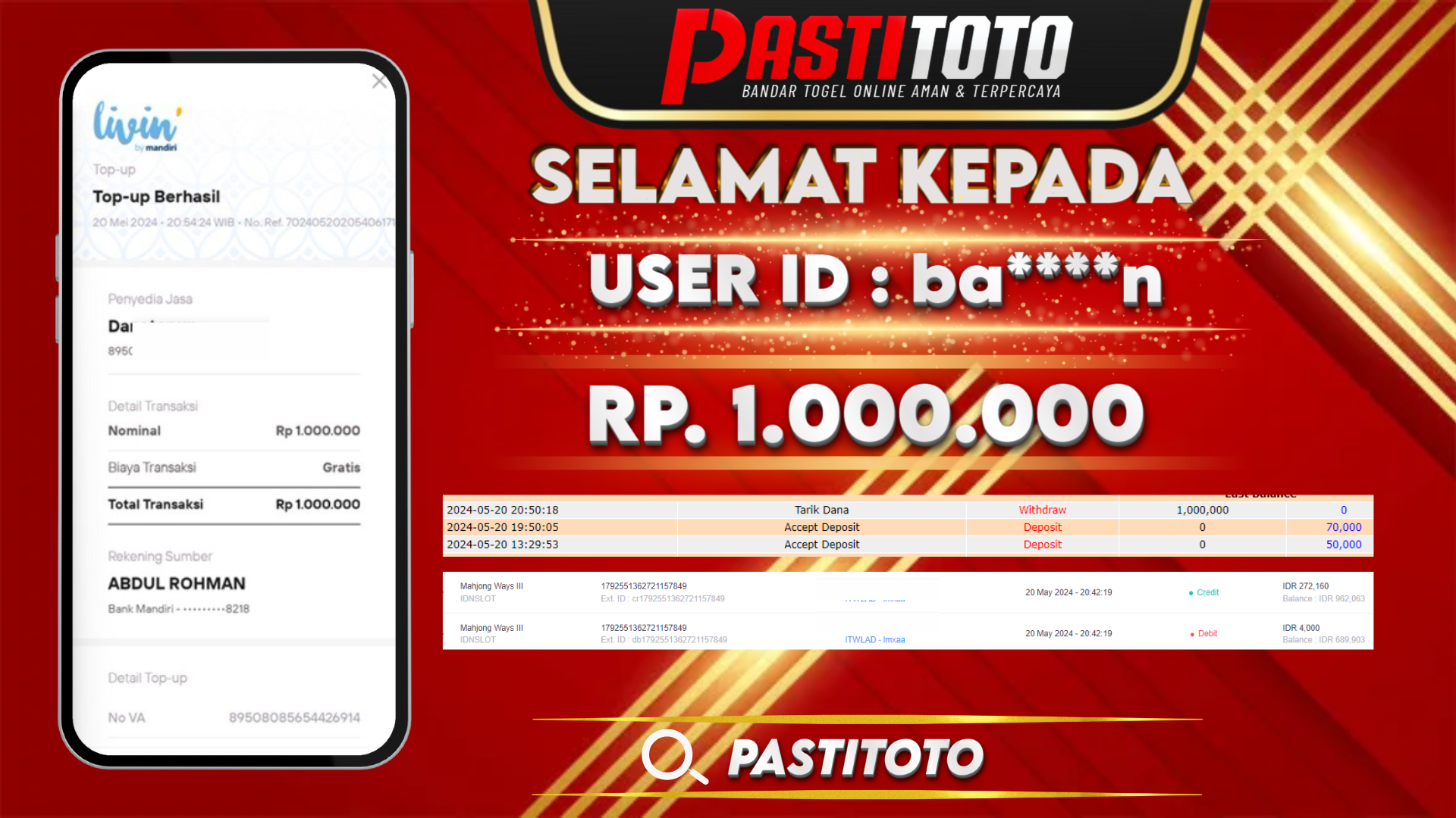 PASTITOTO JACKPOT SLOT GAME RP. 1.000.000,- LUNAS
